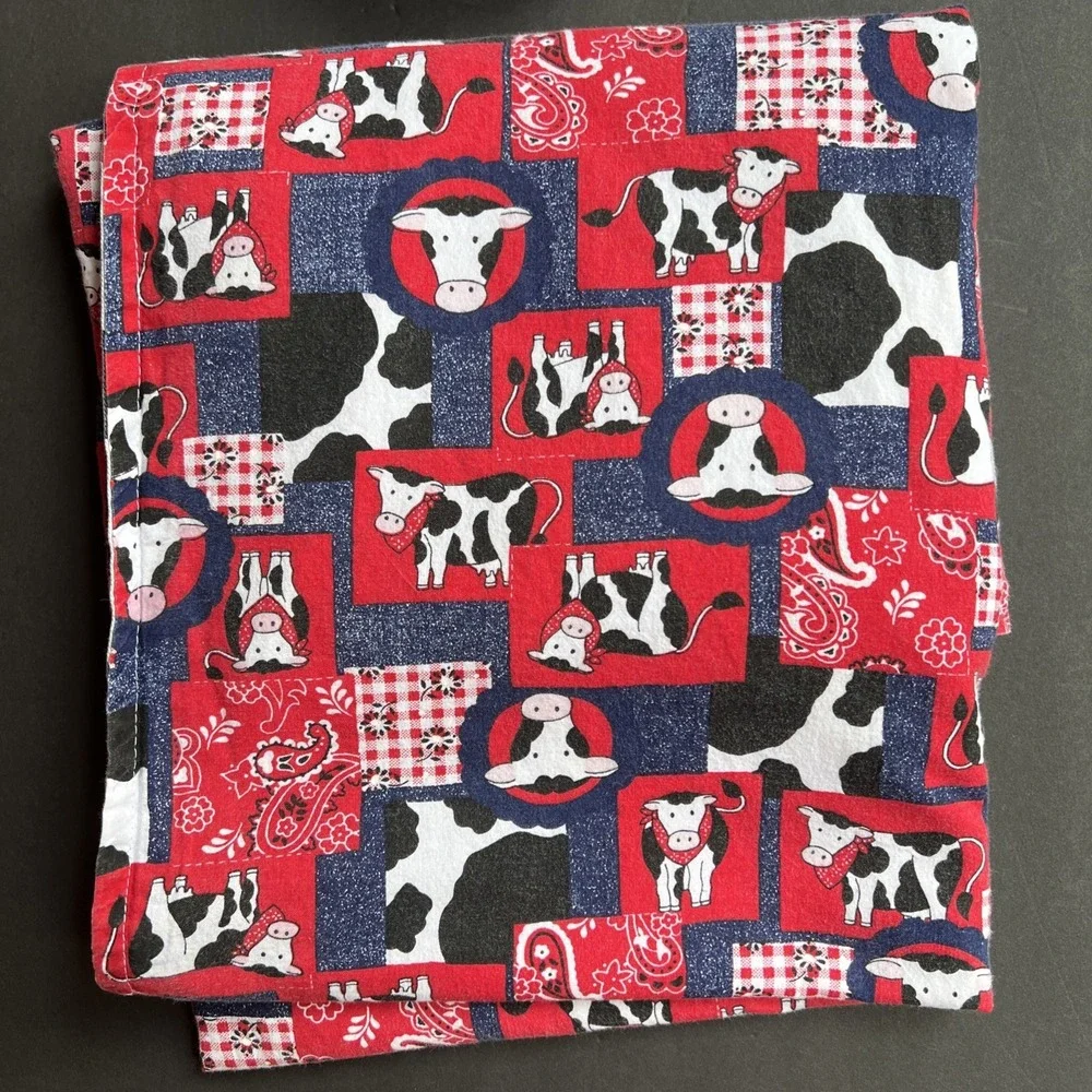 VTG 90s Handmade Baby Blanket Cow Bandana Print Western Reversible Cotton 42